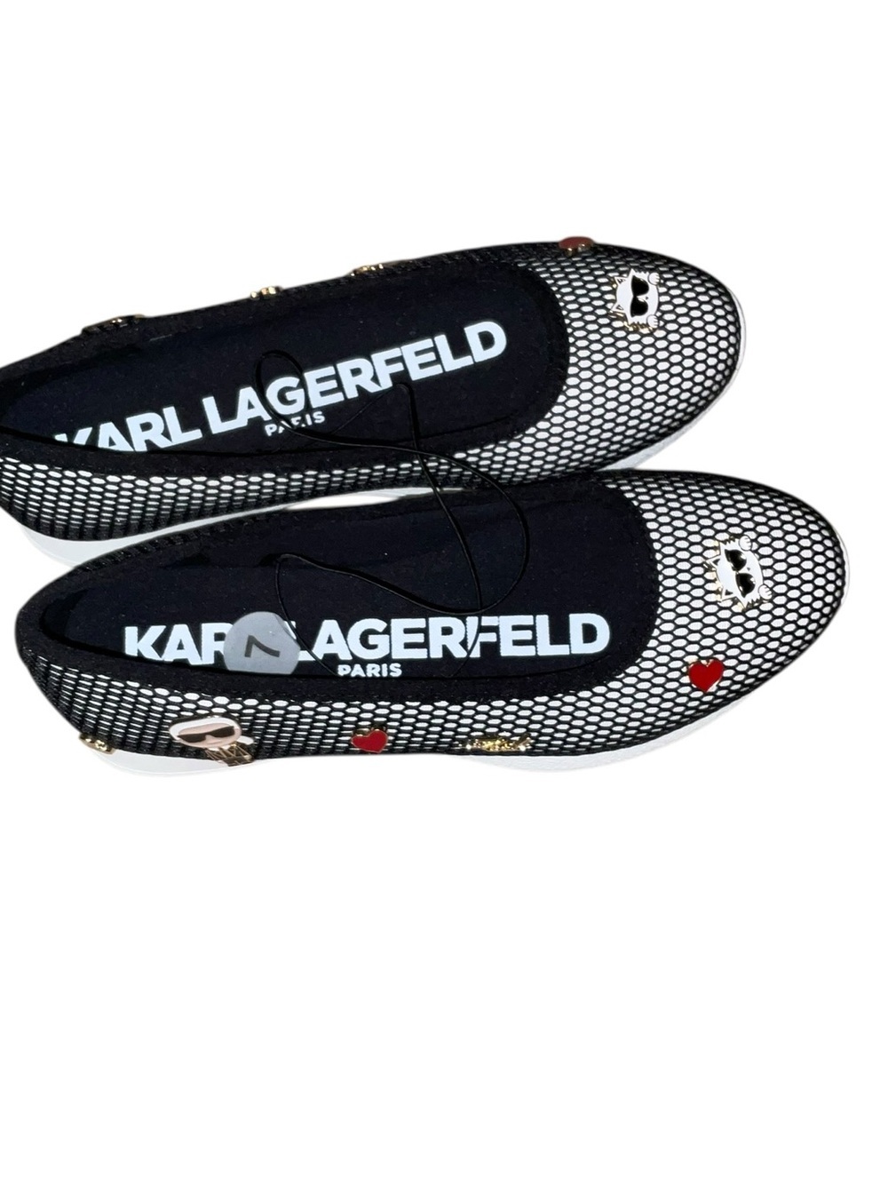 Karl Lagerfeld Black Mesh Slip-On Flats with Red Heart and Gold Accents - Picture 3 of 6